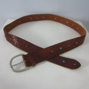 Aeropostale Women Large Brown Floral Pierced Leather Belt Blue Beaded 34" - 38"